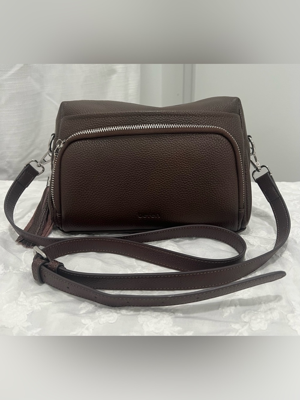 Pebbled Dark Brown Leather Crossbody Bag with Front Zip Pocket